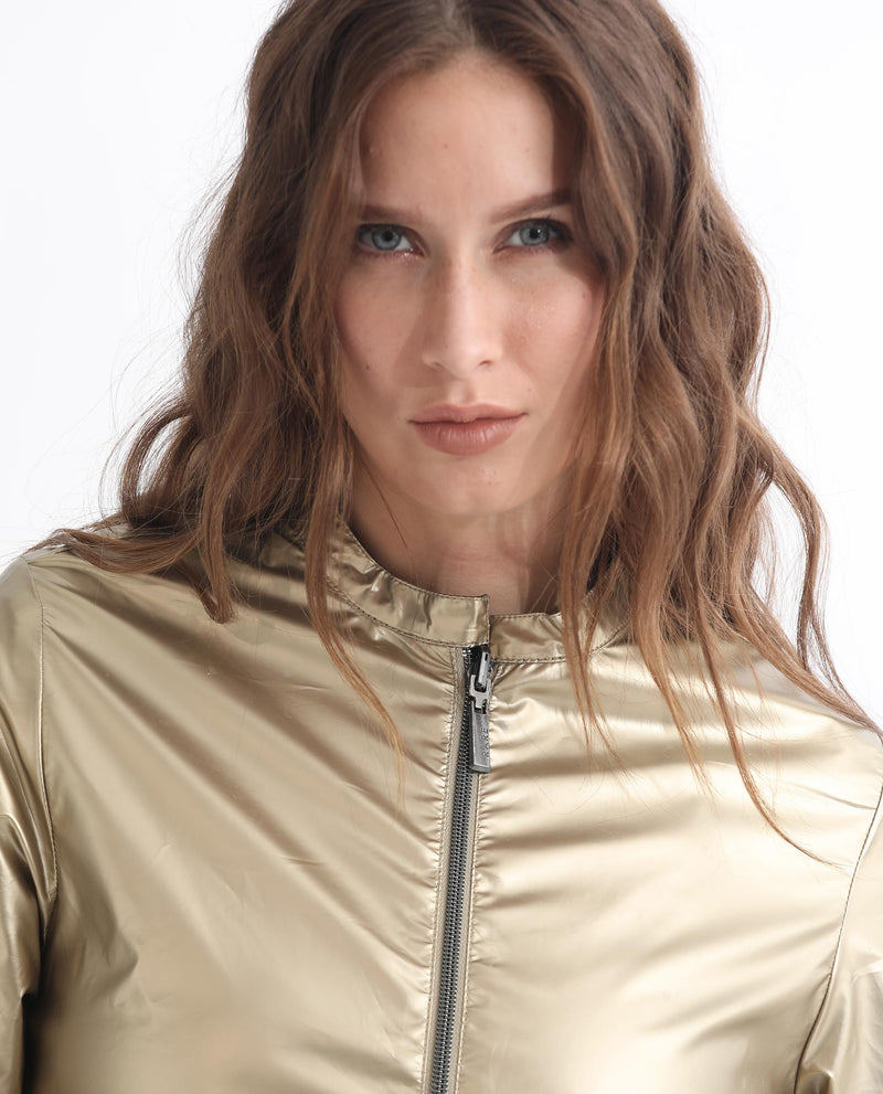 golden girls- oversized plissé crinkled iridescent reversible statement  jacket, pure silk cropped KU tailored camisole in antique gold