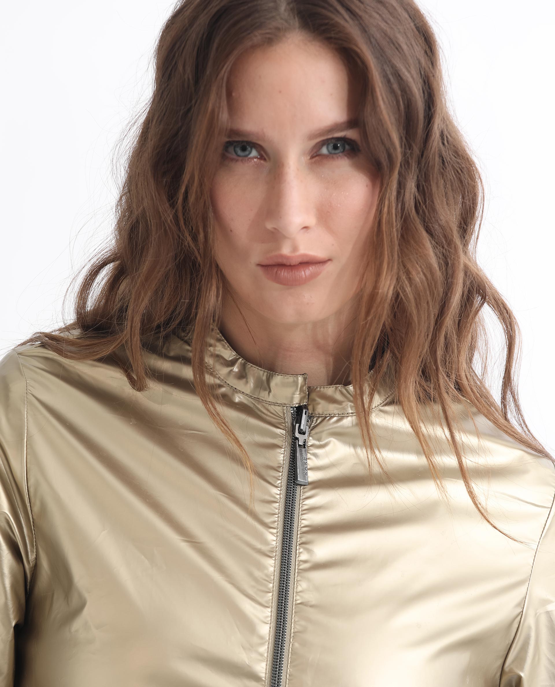 Rareism Women Charlotte Gold Polyester Fabric Full Sleeves Solid Mandarin Collar Jacket
