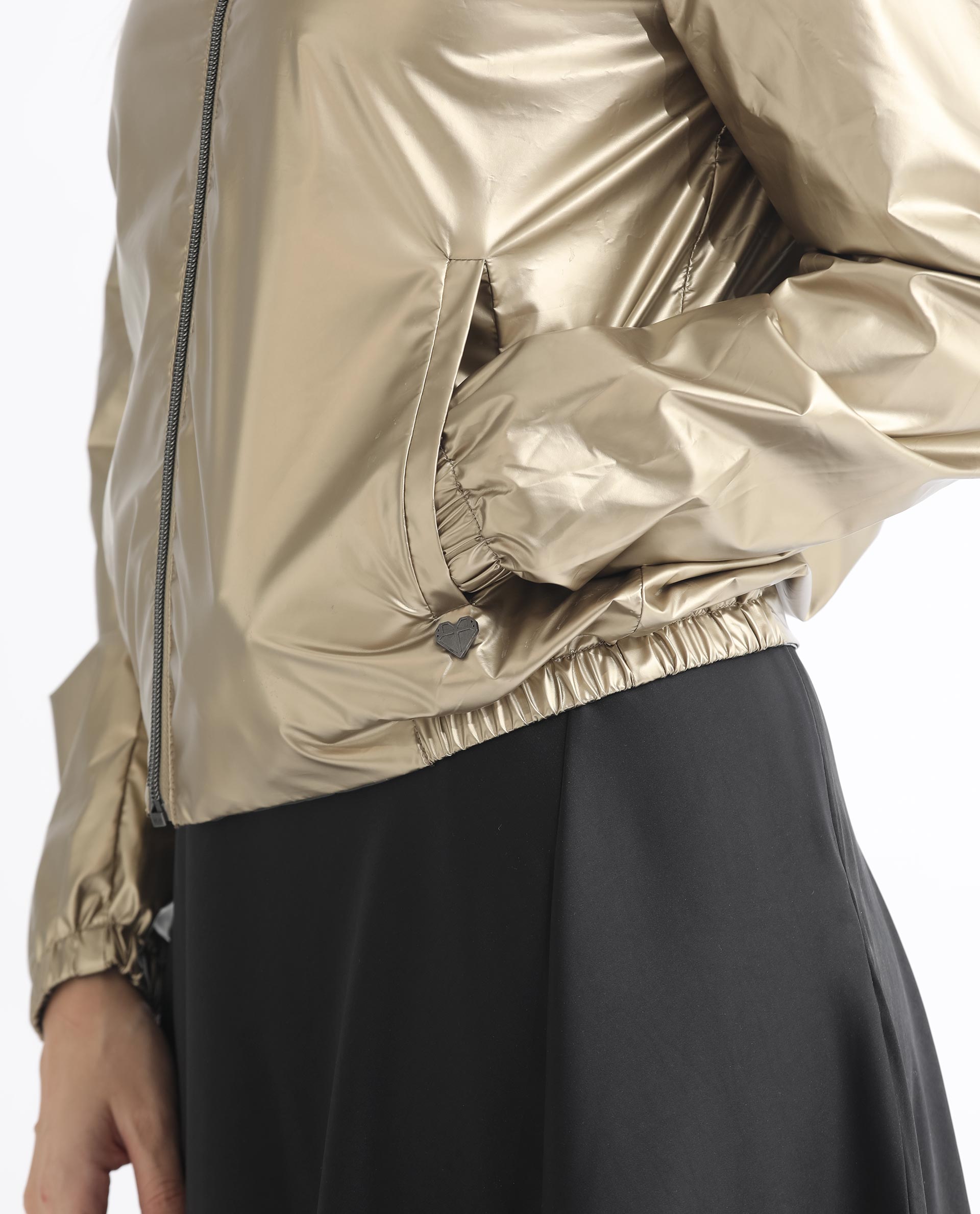 Rareism Women Charlotte Gold Polyester Fabric Full Sleeves Solid Mandarin Collar Jacket