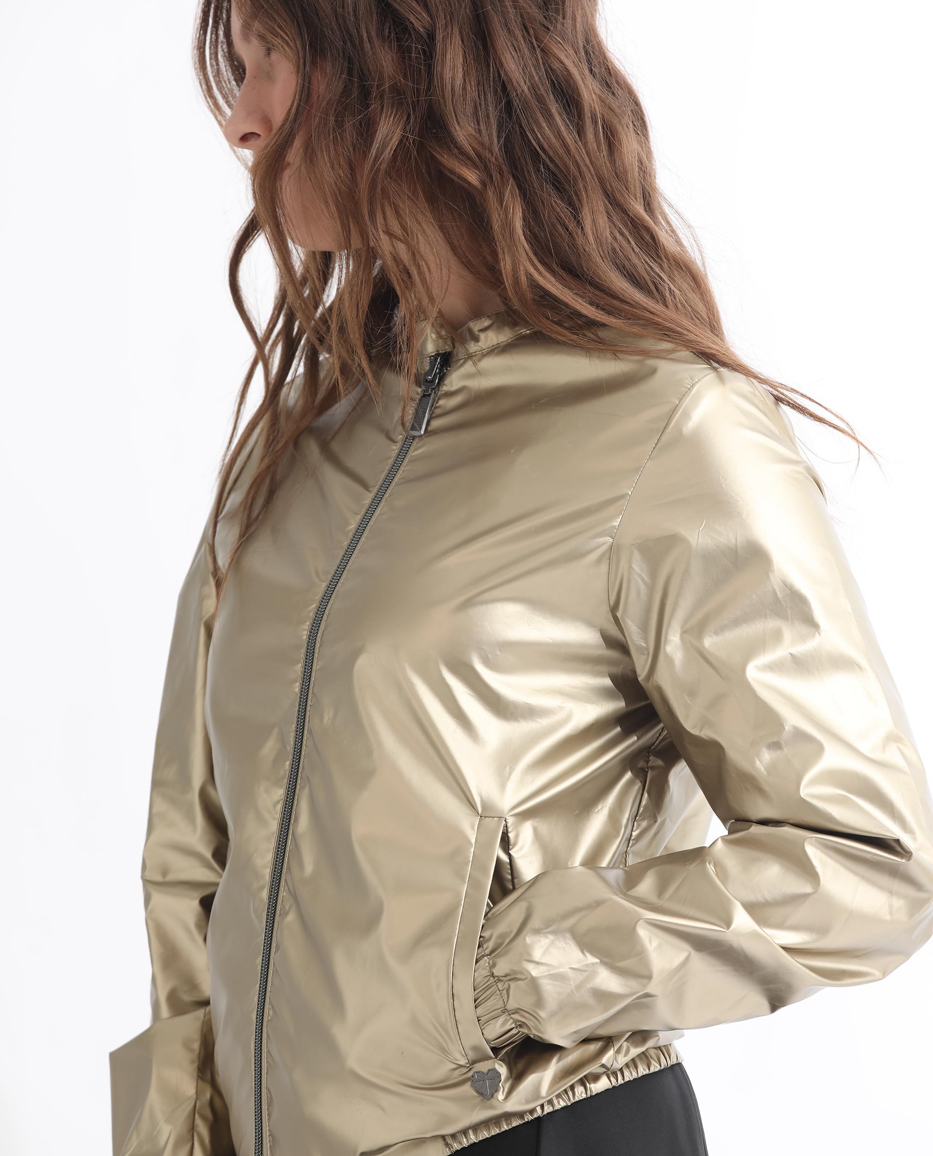 Rareism Women's Charlotte Gold Polyester Mandarin Collar Plain Regular Fit Jacket