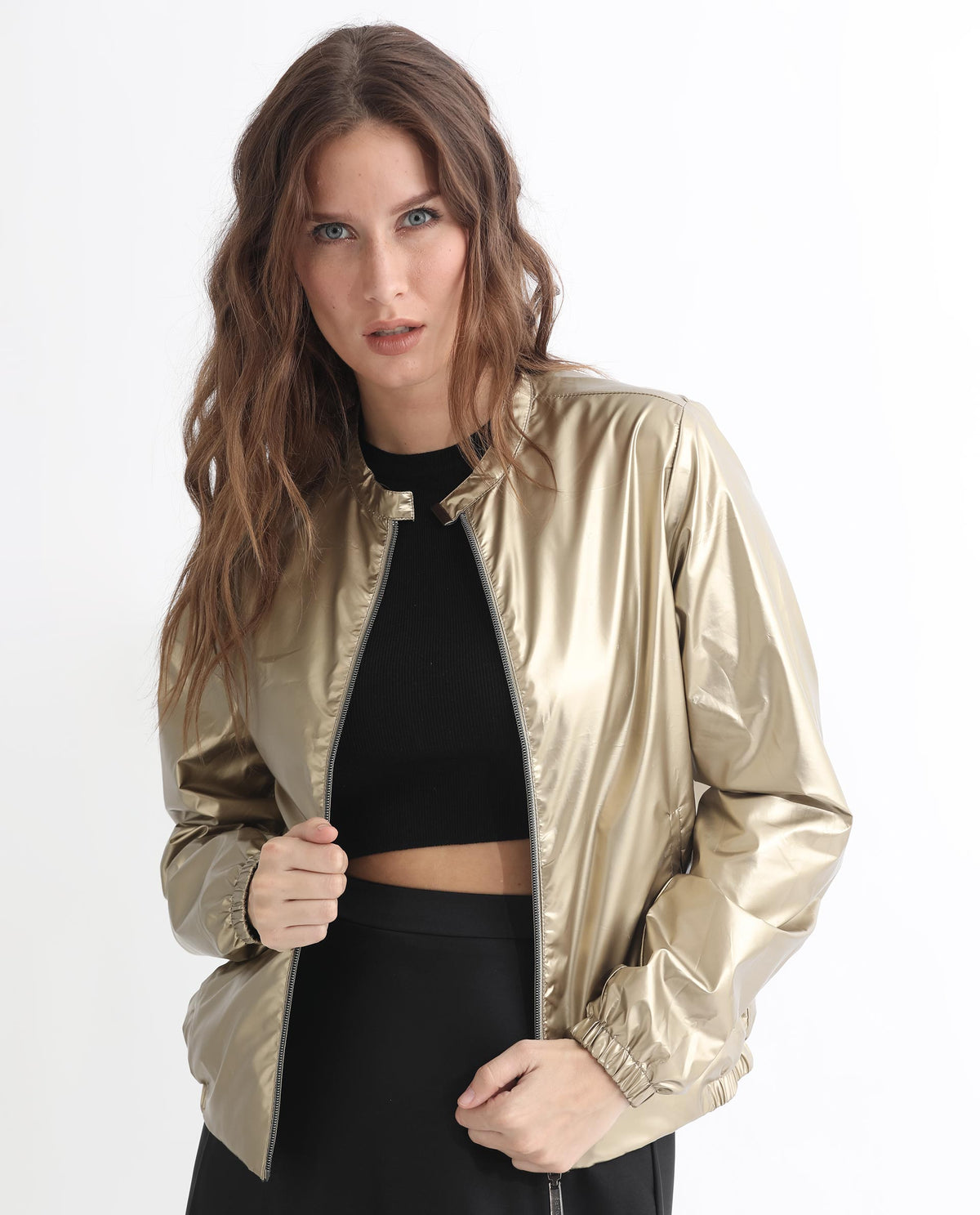 Rareism Women Charlotte Gold Polyester Fabric Full Sleeves Solid Mandarin Collar Jacket