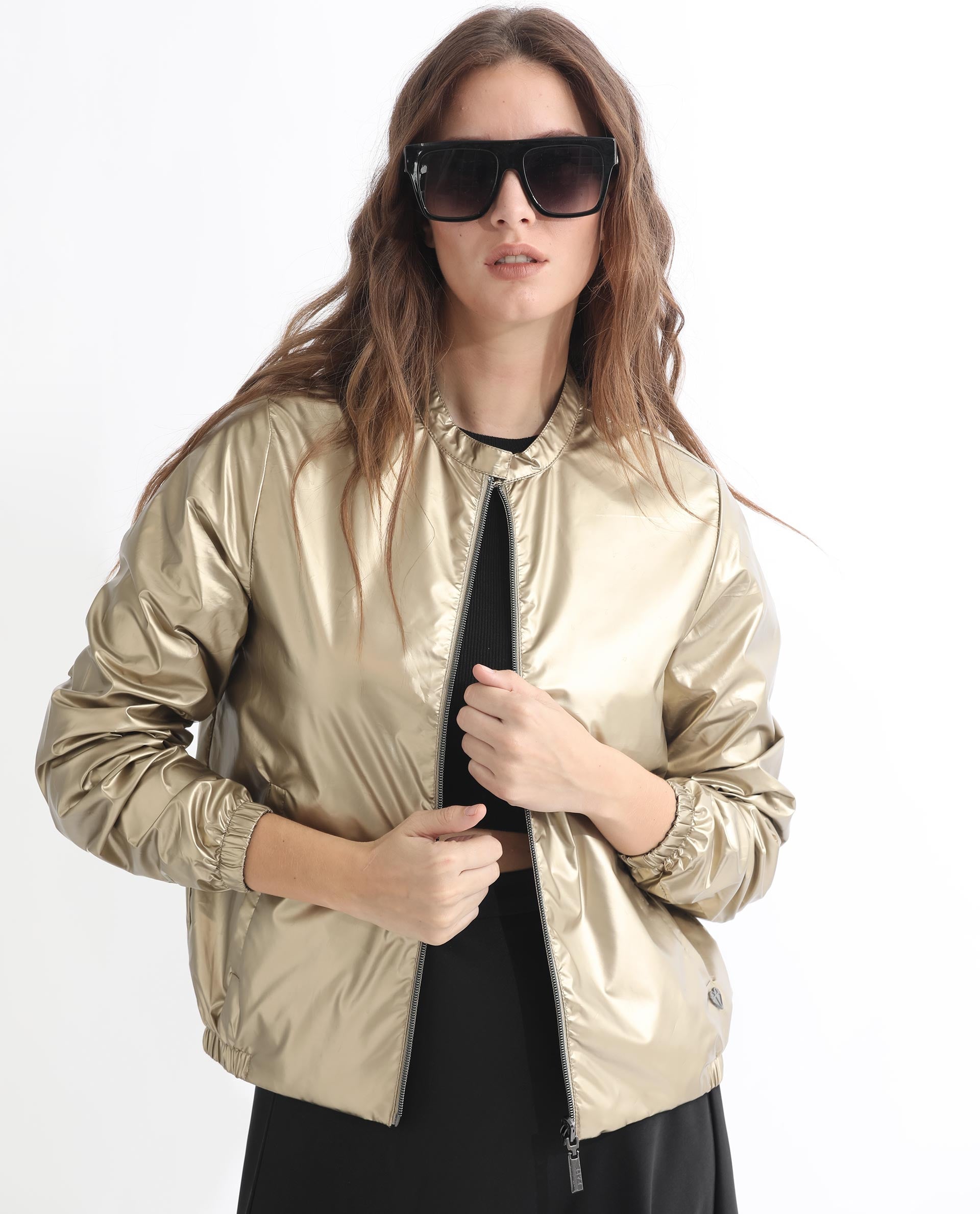 Rareism Women's Charlotte Gold Polyester Mandarin Collar Plain Regular Fit Jacket