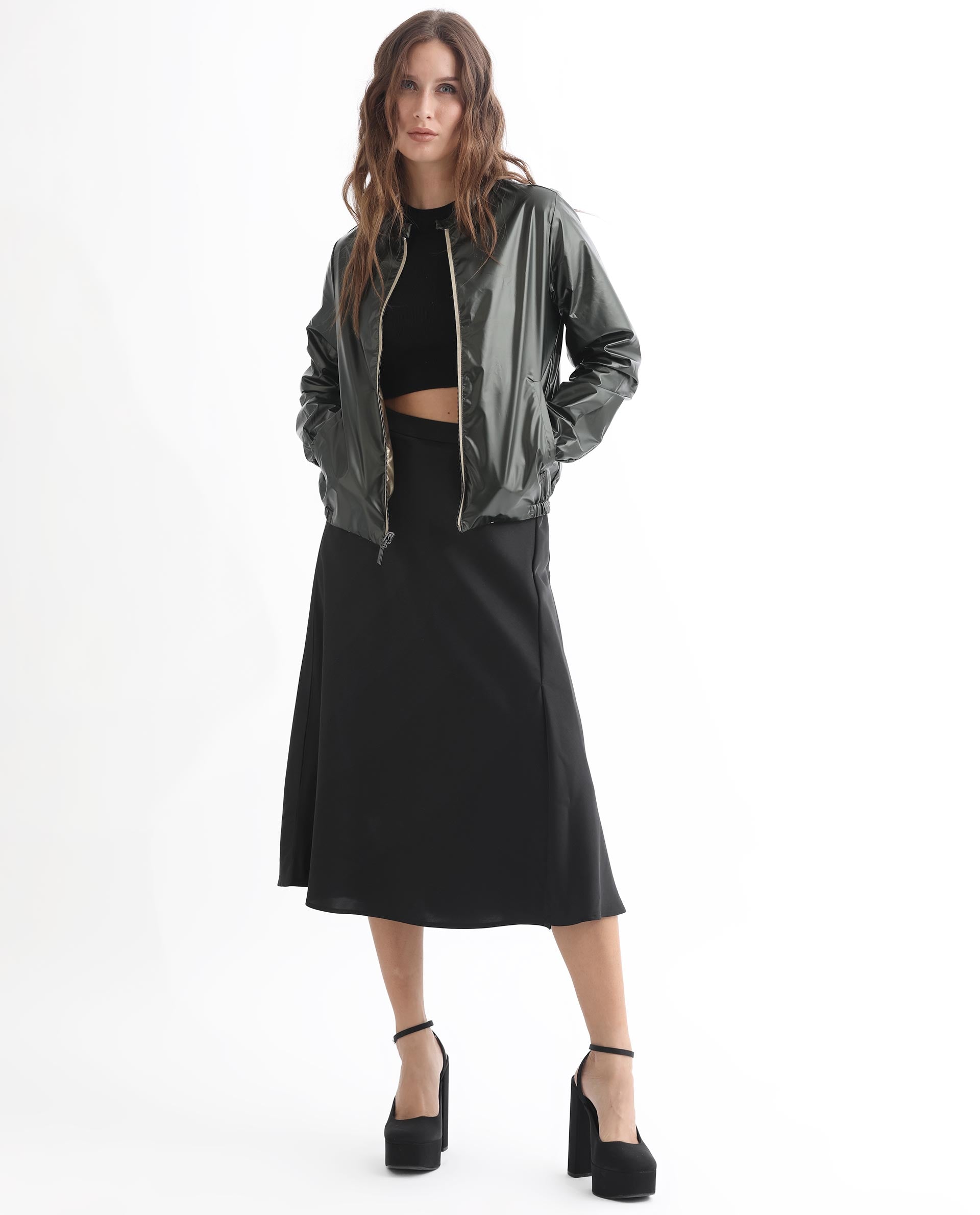 Rareism Women Charlotte Gold Polyester Fabric Full Sleeves Solid Mandarin Collar Jacket
