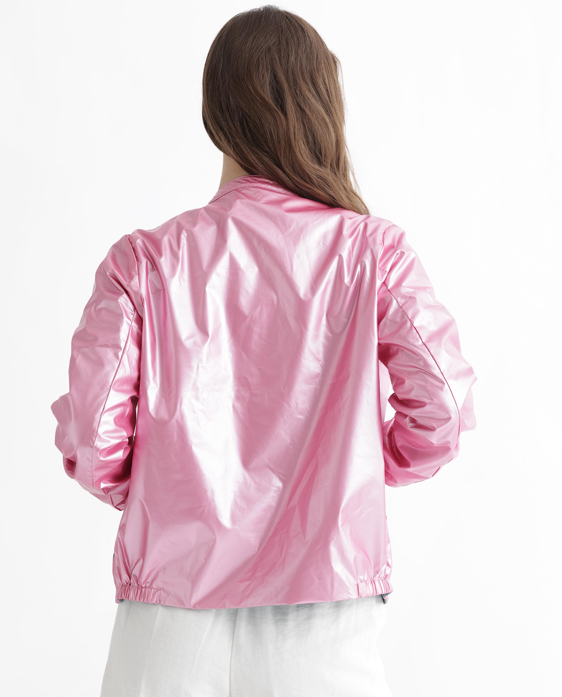 Rareism Women Charlotte Pink Polyester Fabric Full Sleeves Solid Mandarin Collar Jacket