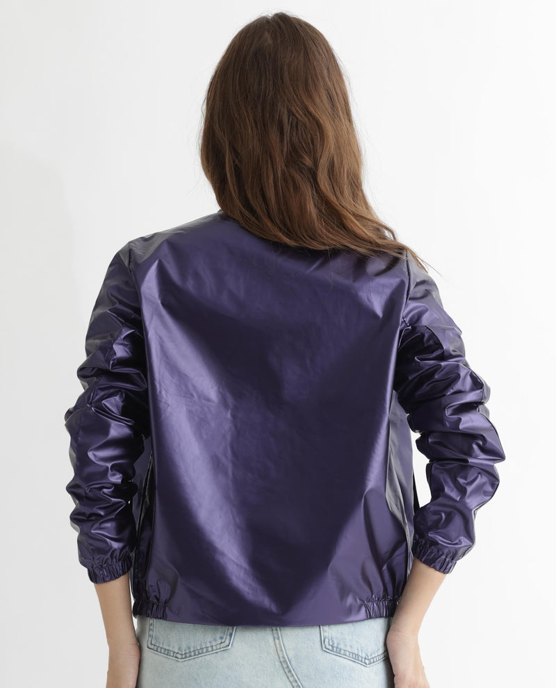 Rareism Women Charlotte Purple Polyester Fabric Full Sleeves Solid Mandarin Collar Jacket