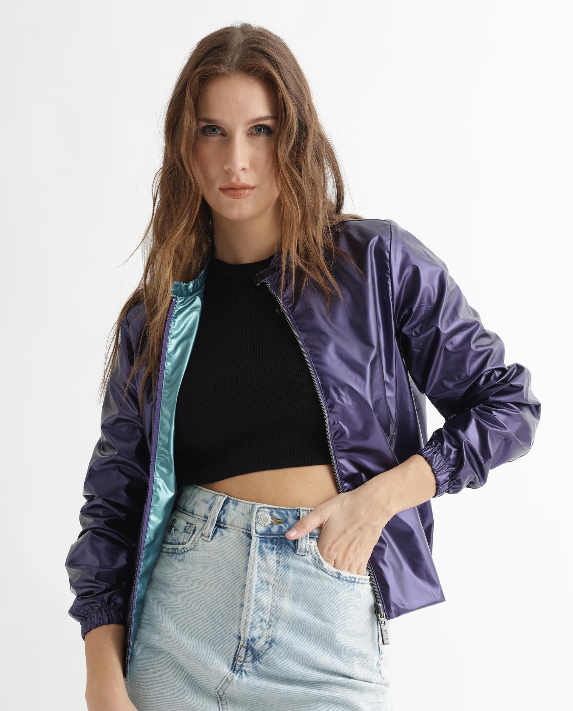 Rareism Women's Charlotte Purple Polyester Mandarin Collar Plain Regular Fit Jacket