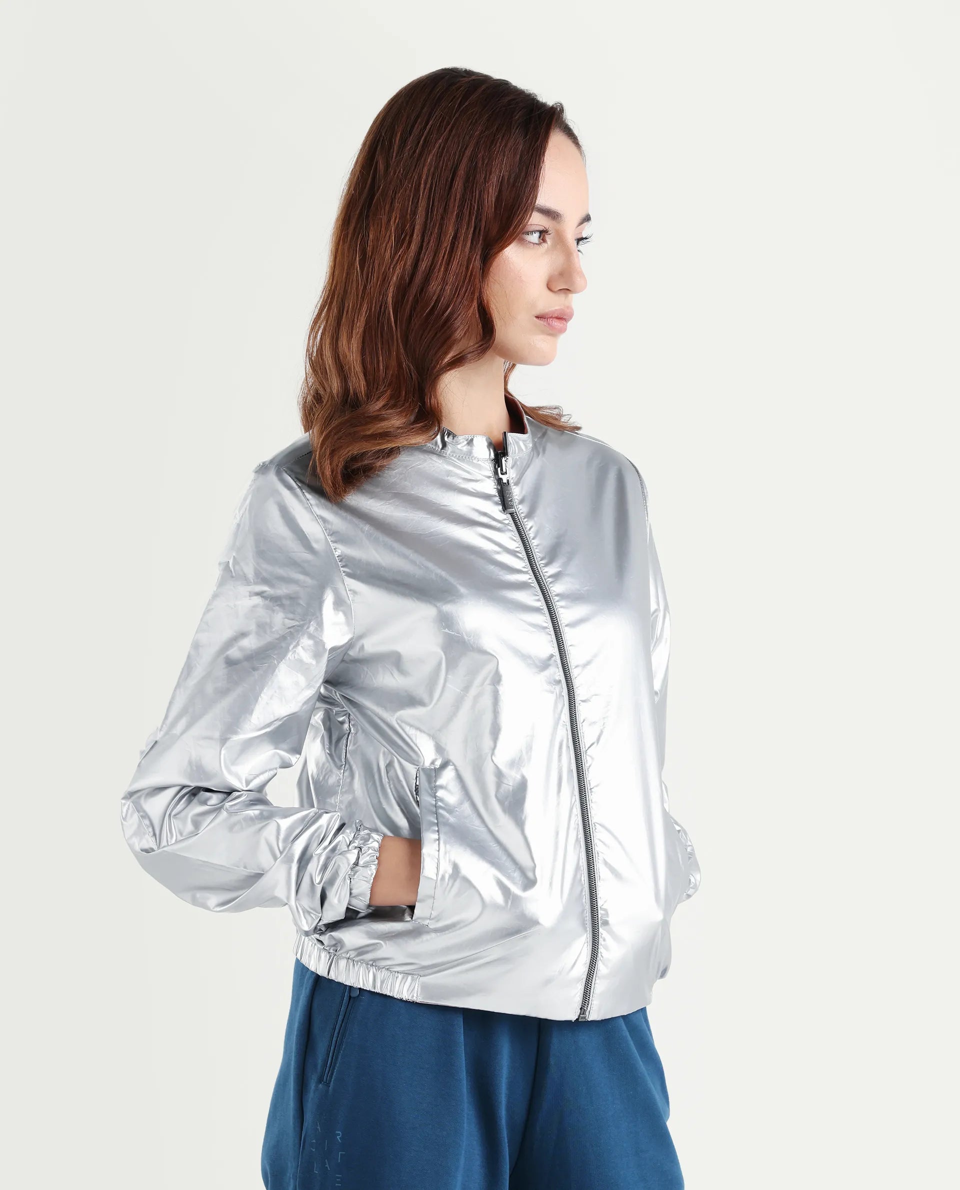 Rareism Women's Charlotte Silver Polyester Mandarin Collar Plain Regular Fit Jacket