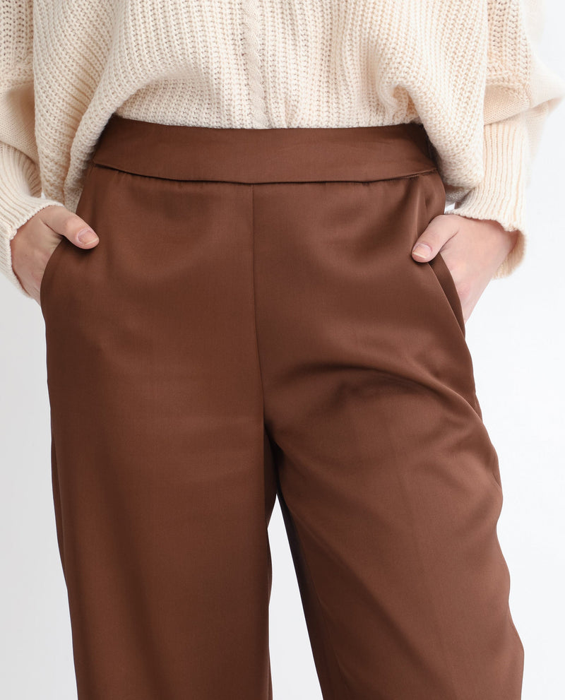 Rareism Women Charo Brown Polyester Fabric Tailored Fit Mid Rise Solid Ankle Length Trousers