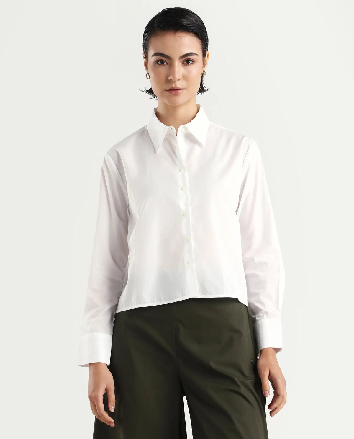 Rareism Women's Charon White Drop Collar Plain Cuffed Sleeve Regular Fit Top