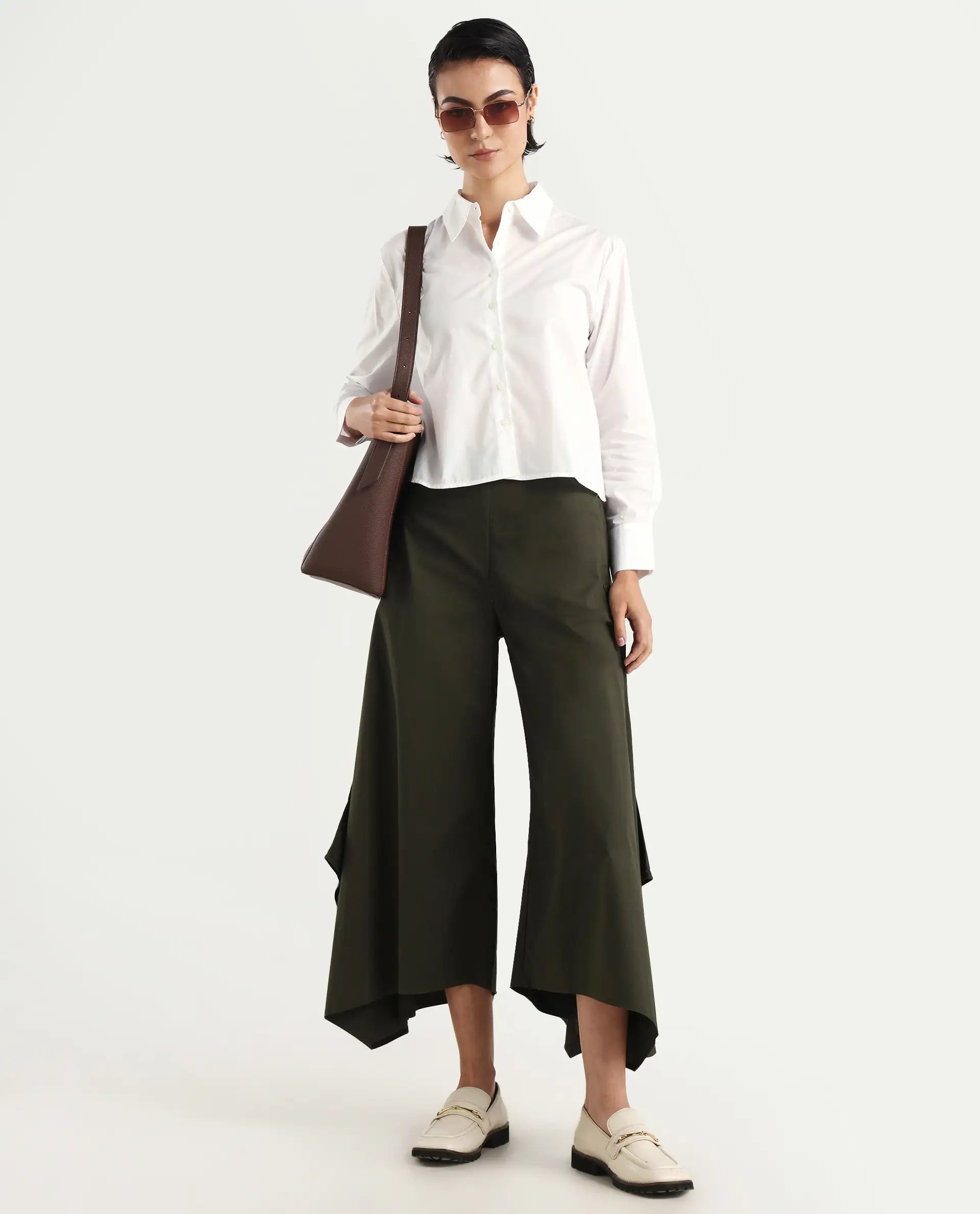 Rareism Women's Charon White Drop Collar Plain Cuffed Sleeve Regular Fit Top