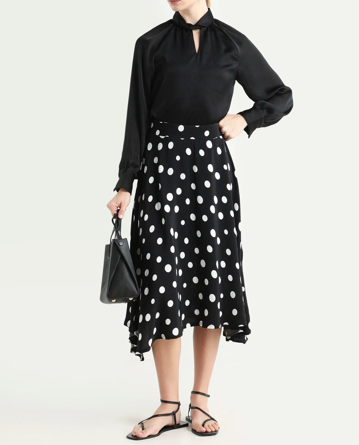 Rareism Women's Chatton Black Polyester Blend Polka Print Knee Length Flared Skirt