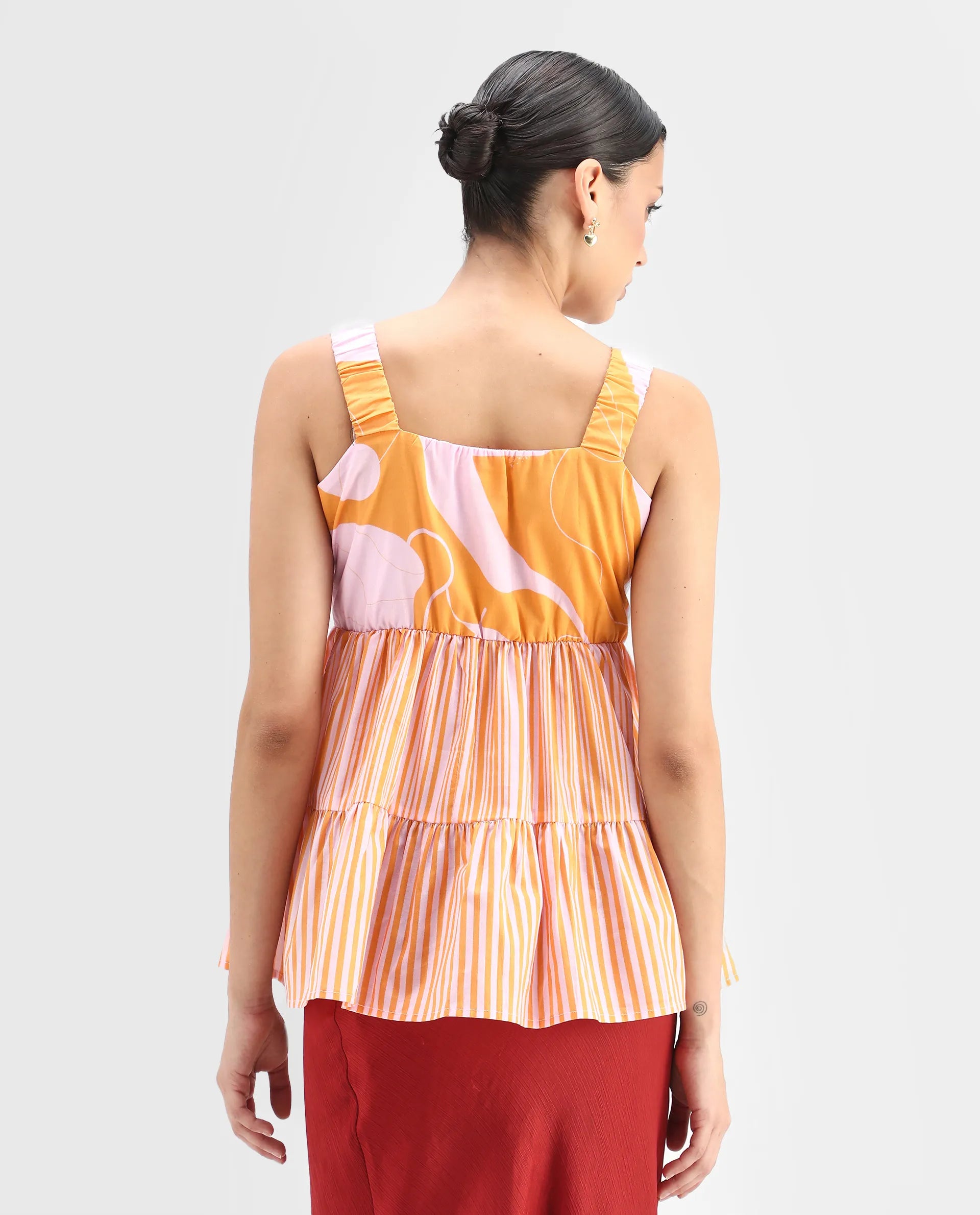 Rareism Women's Cherie Mustard Cotton Collarless Abstract Print Sleeveless Flared Top
