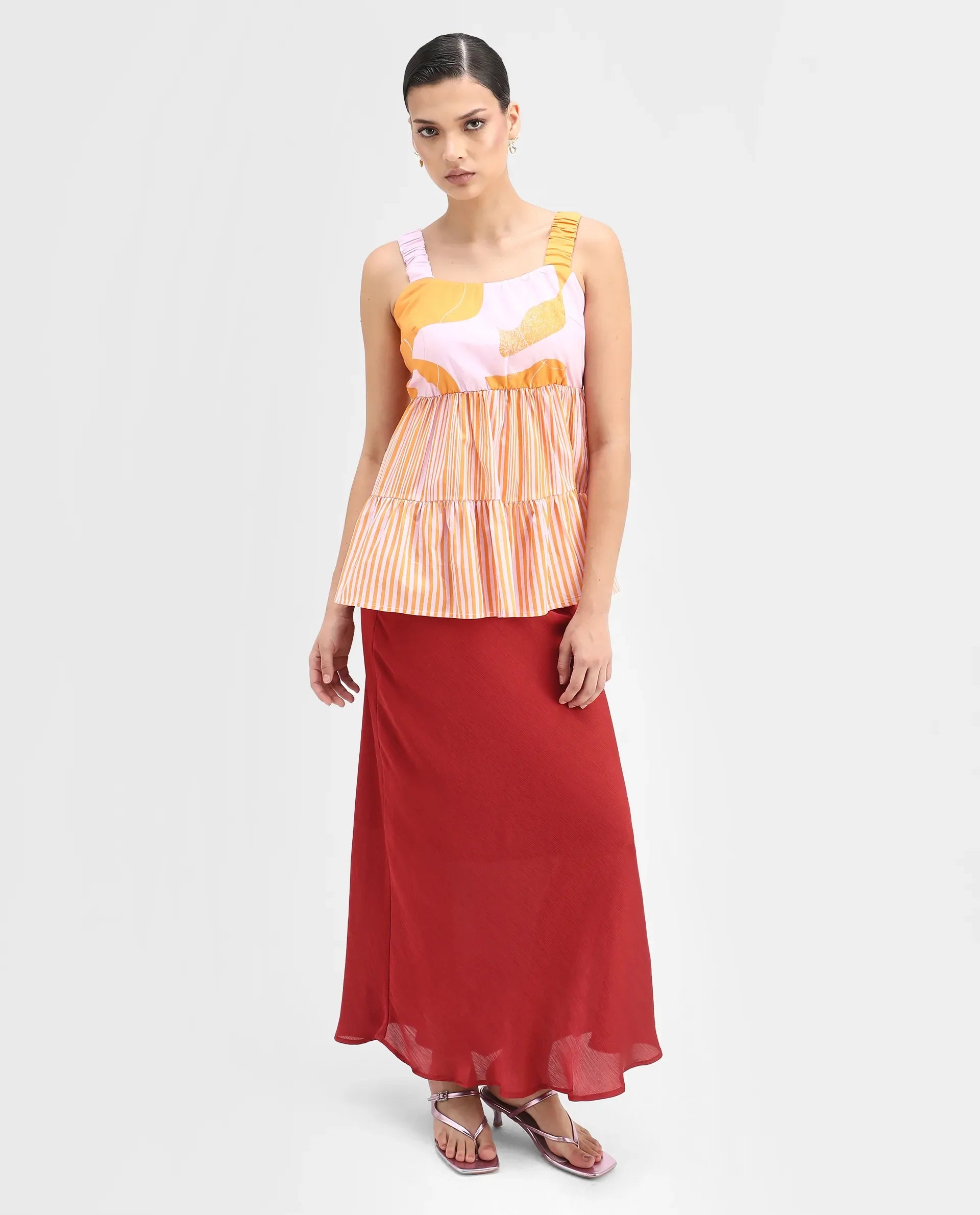 Rareism Women's Cherie Mustard Cotton Collarless Abstract Print Sleeveless Flared Top