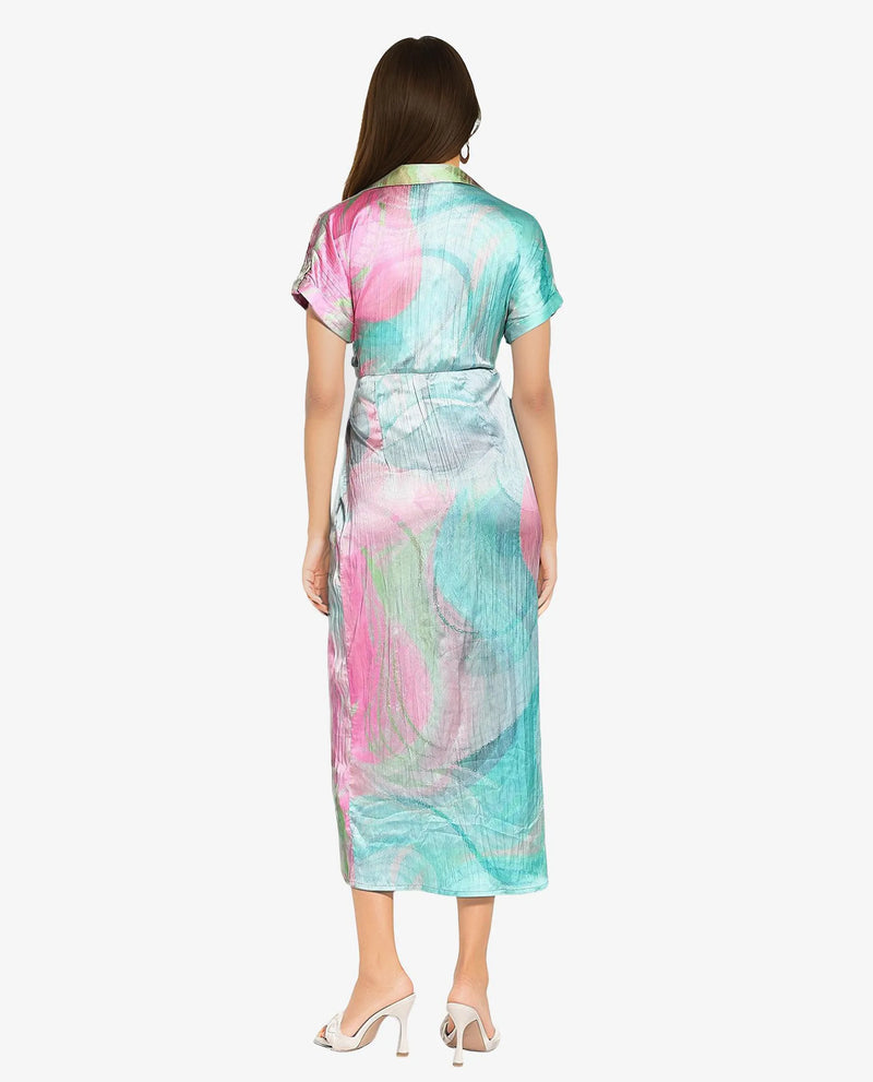 Rareism Women Chiapas Dusky Multi Extended Sleeves Collared Collar Tie Up Straight Fit Abstract Print Maxi Dress