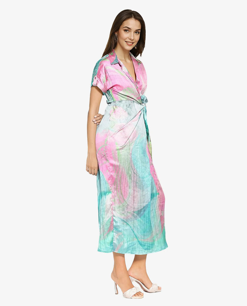 Rareism Women Chiapas Dusky Multi Extended Sleeves Collared Collar Tie Up Straight Fit Abstract Print Maxi Dress