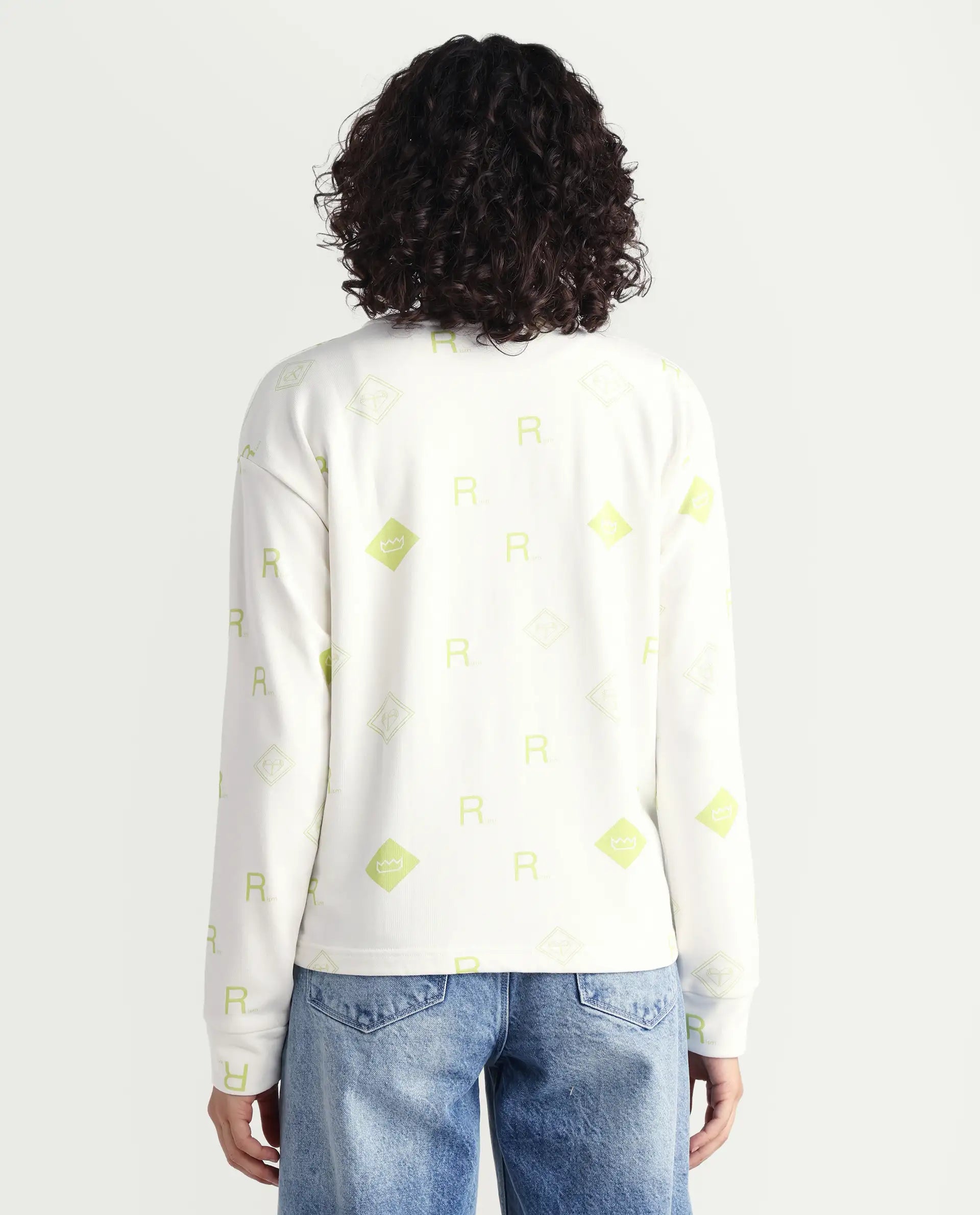 Rareism Women's Chico Off White Polyester Blend Crew Neck Graphic Print Regular Fit Sweatshirt