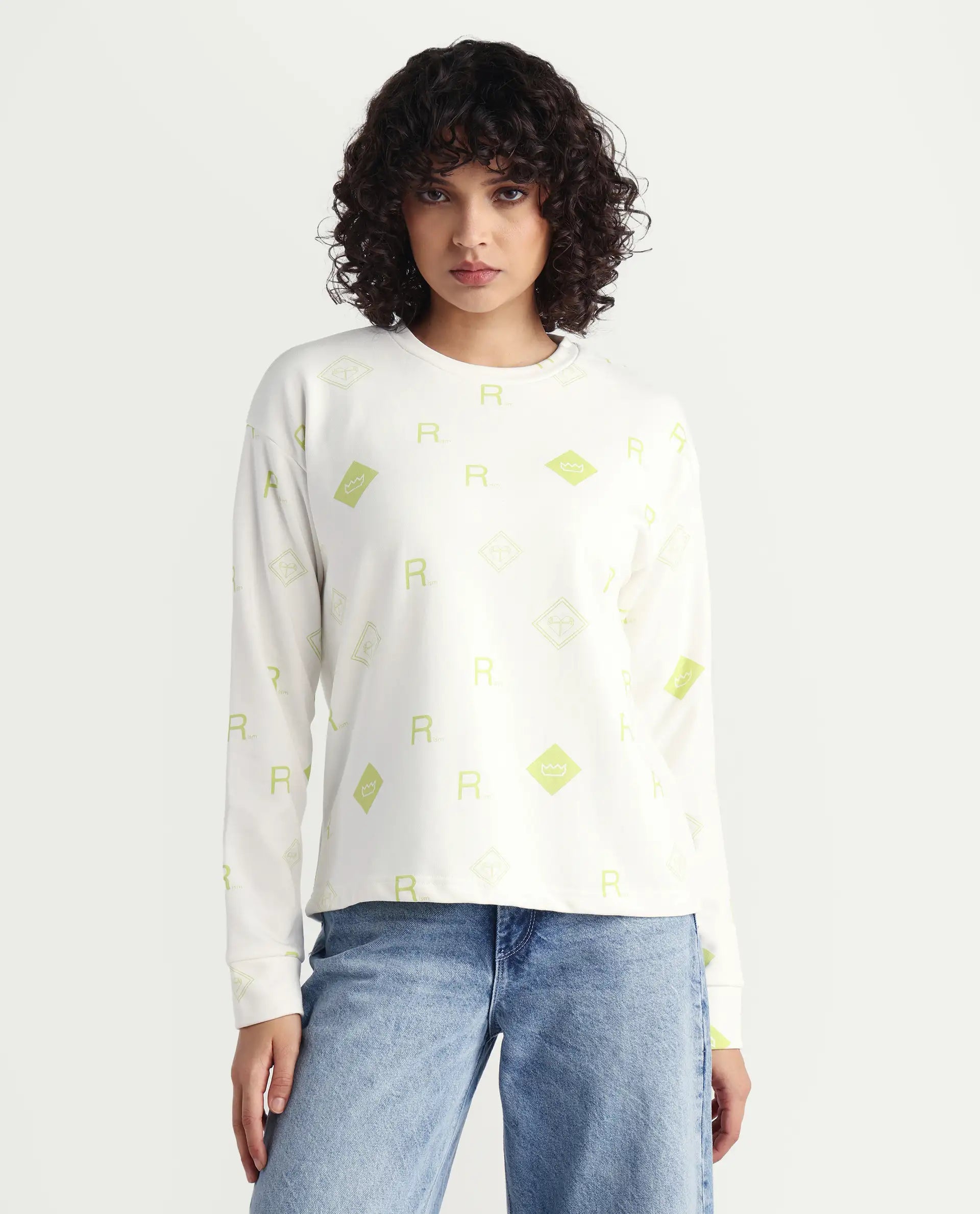 Rareism Women's Chico Off White Polyester Blend Crew Neck Graphic Print Regular Fit Sweatshirt
