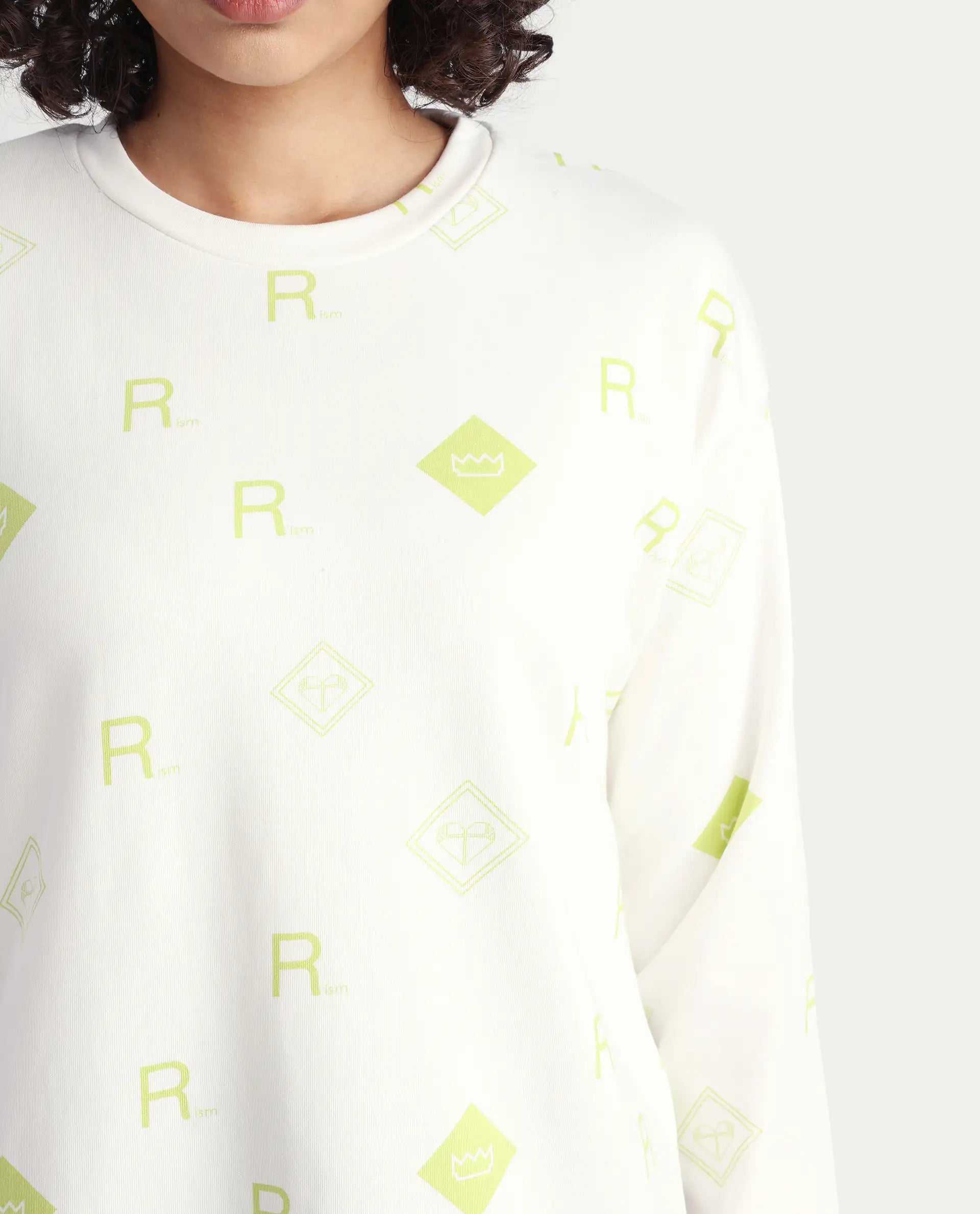 Rareism Women's Chico Off White Polyester Blend Crew Neck Graphic Print Regular Fit Sweatshirt