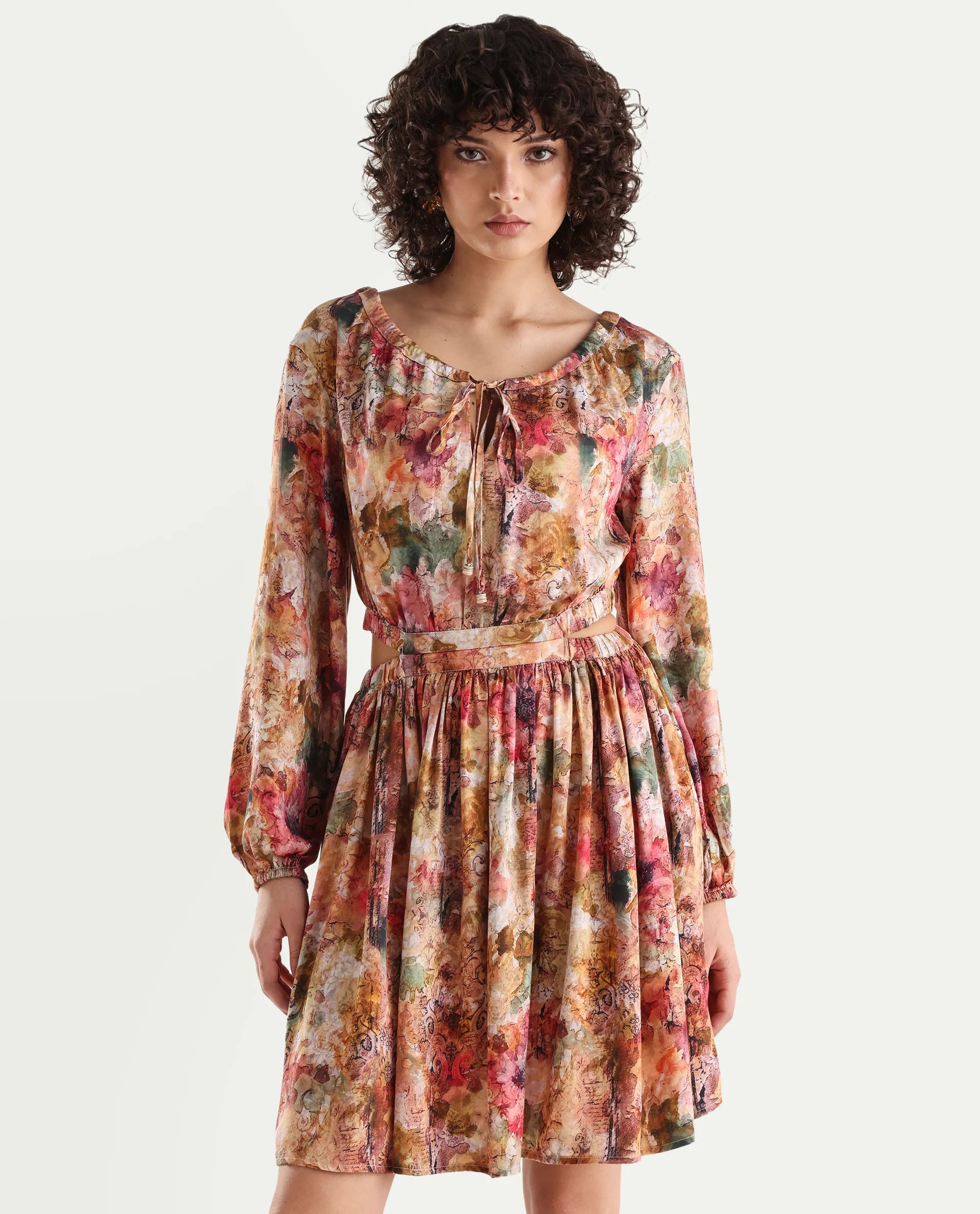 Rareism Women's Chilet Multi Cotton Blend Crew Neck Floral Print Puff Sleeves Knee Length A-Line Dress