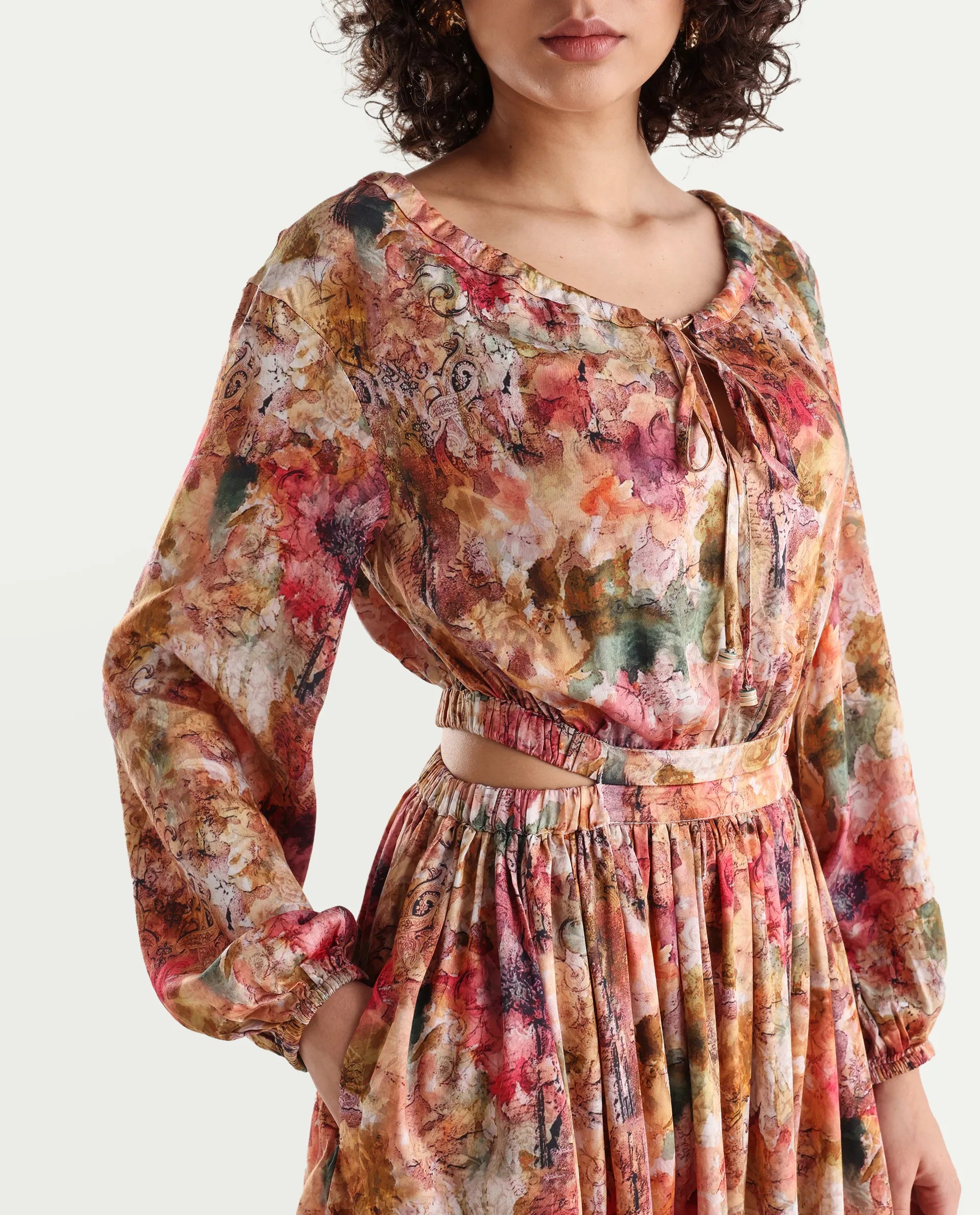 Rareism Women's Chilet Multi Cotton Blend Crew Neck Floral Print Puff Sleeves Knee Length A-Line Dress