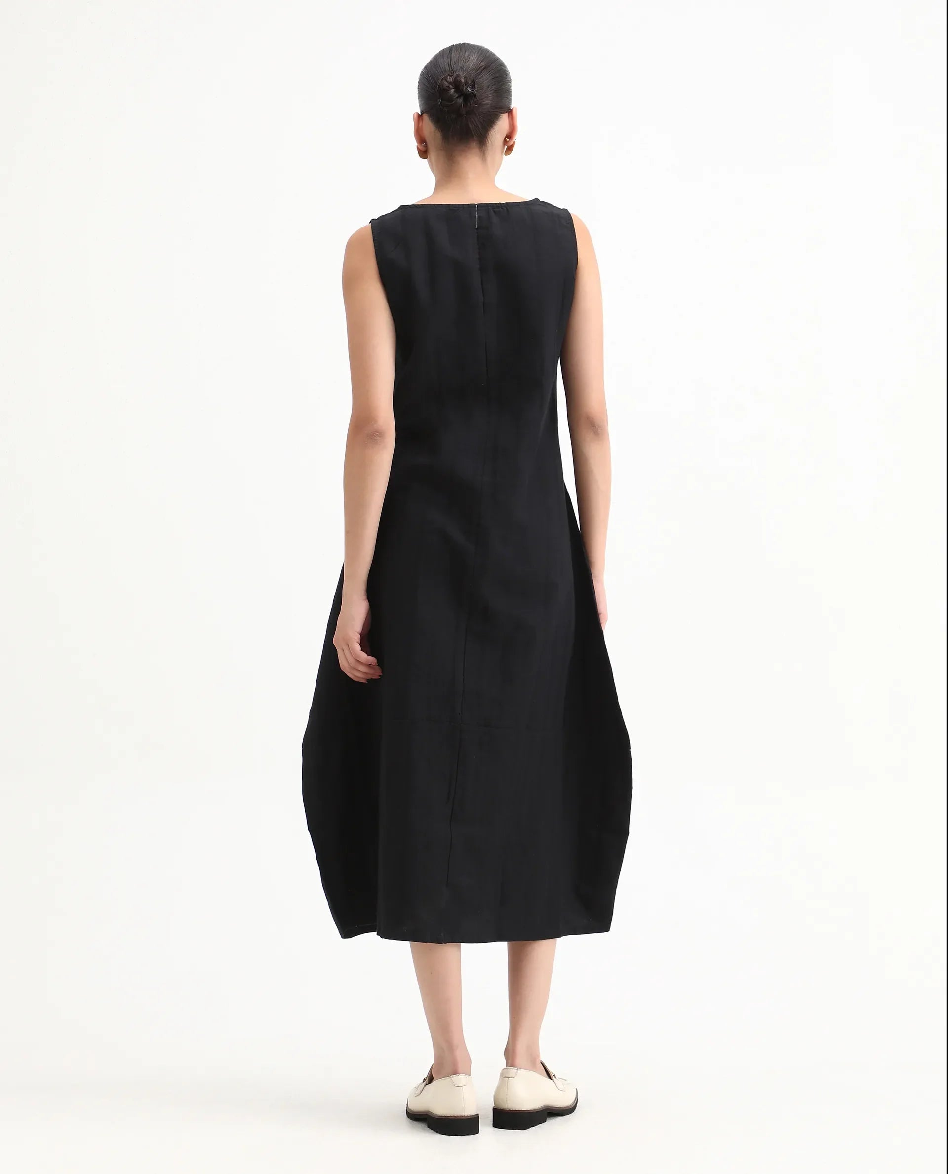 Rareism Womens Chloe Black Dress Long Length Cotton Linen Blend Fabric Sleeveless V Neck