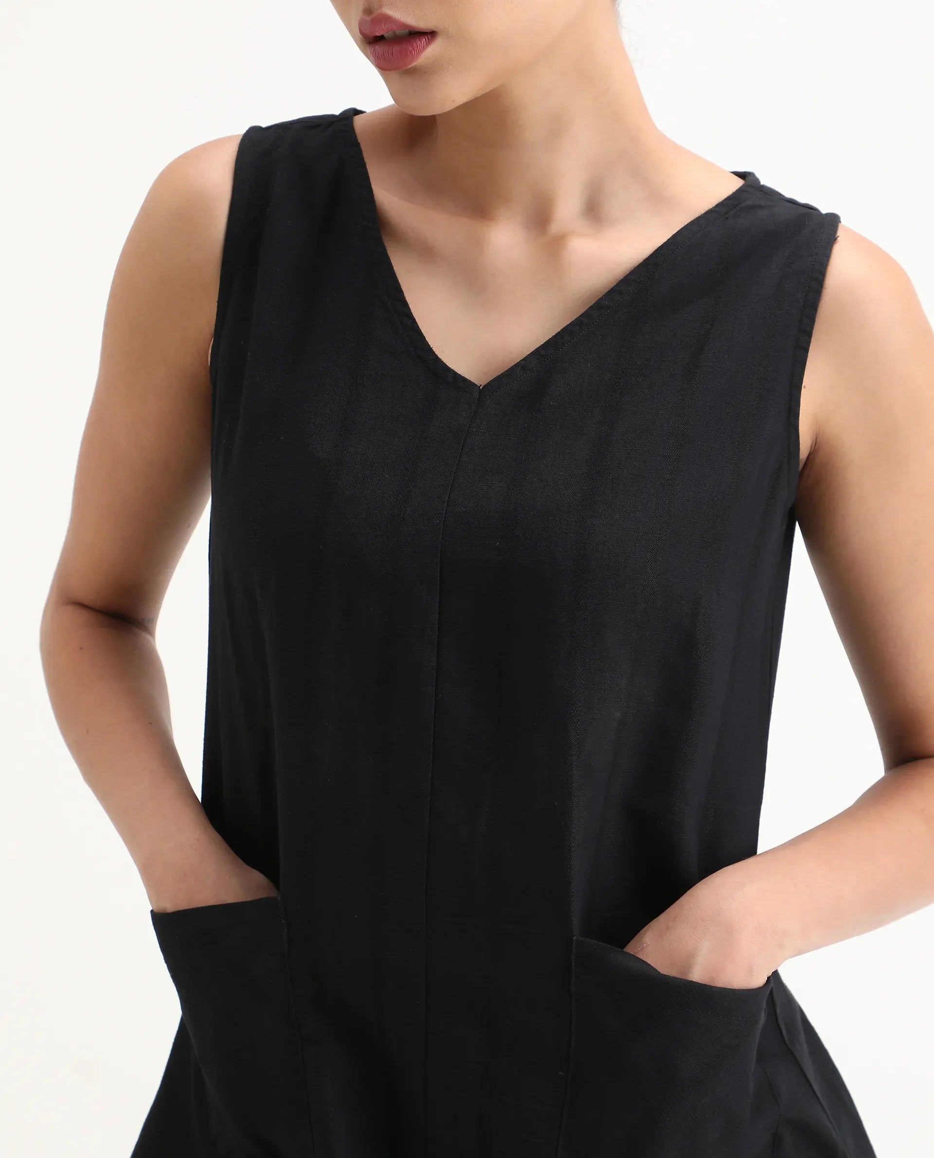 Rareism Womens Chloe Black Dress Long Length Cotton Linen Blend Fabric Sleeveless V Neck