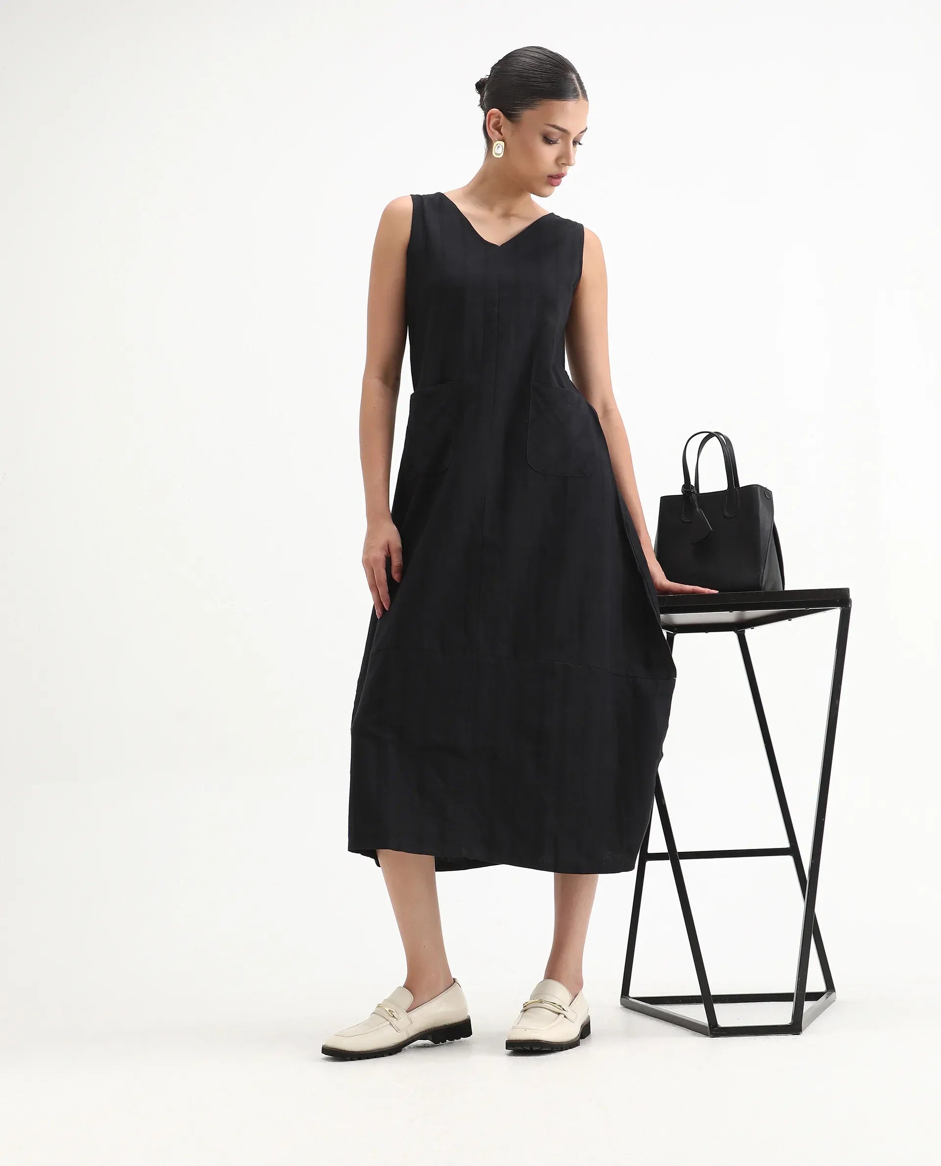 Rareism Womens Chloe Black Dress Long Length Cotton Linen Blend Fabric Sleeveless V Neck