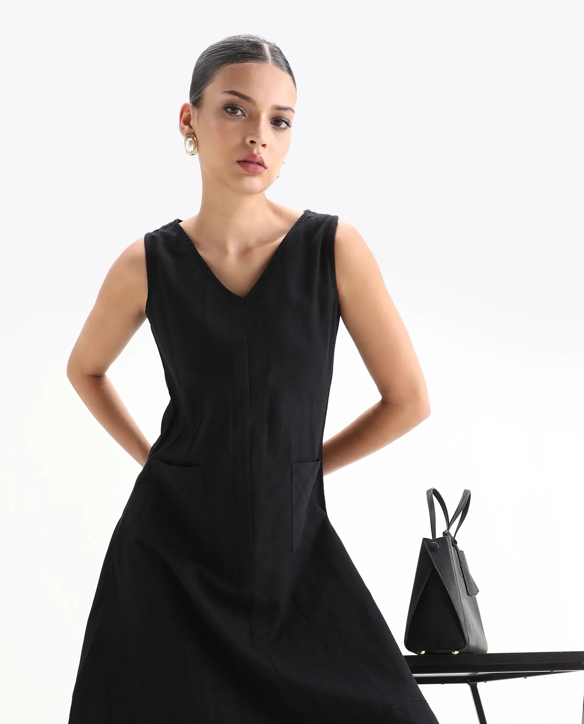 Rareism Womens Chloe Black Dress Long Length Cotton Linen Blend Fabric Sleeveless V Neck