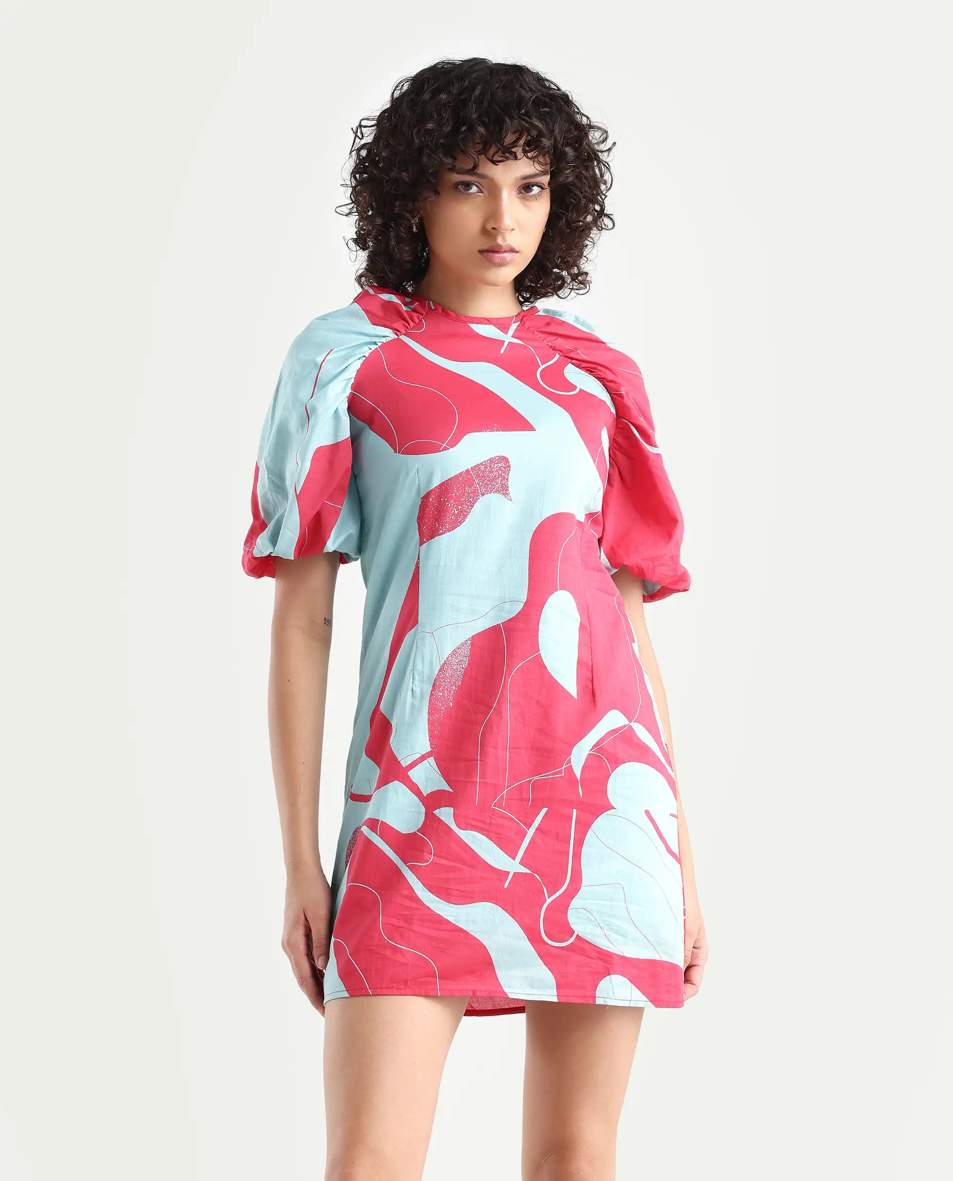 Rareism Women's Chloris Maroon Cotton Crew Neck Abstract Print Puff Sleeves Knee Length Tailored Dress