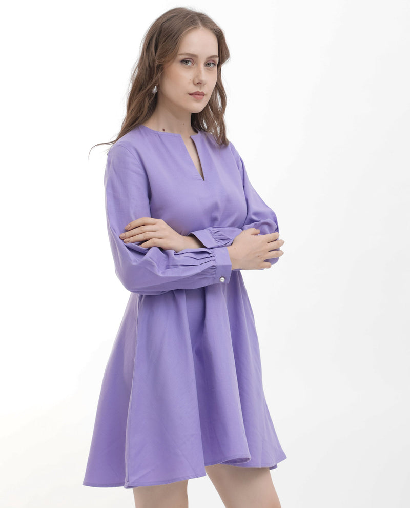 Rareism Women Choho Pastel Purple Cotton Fabric Regular Sleeves V-Neck Solid Regular Length Dress