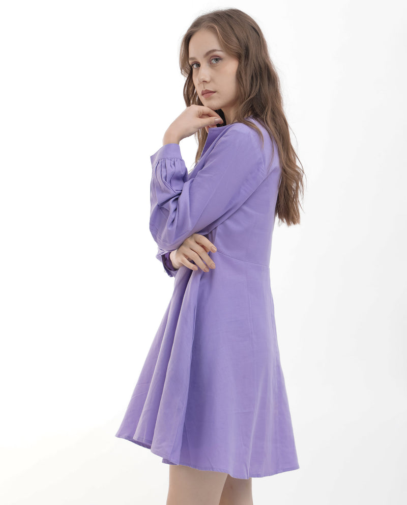 Rareism Women Choho Pastel Purple Cotton Fabric Regular Sleeves V-Neck Solid Regular Length Dress