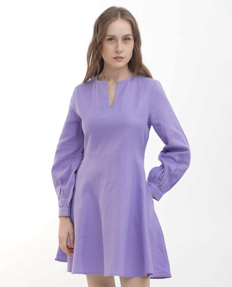 Rareism Women Choho Pastel Purple Cotton Fabric Regular Sleeves V-Neck Solid Regular Length Dress