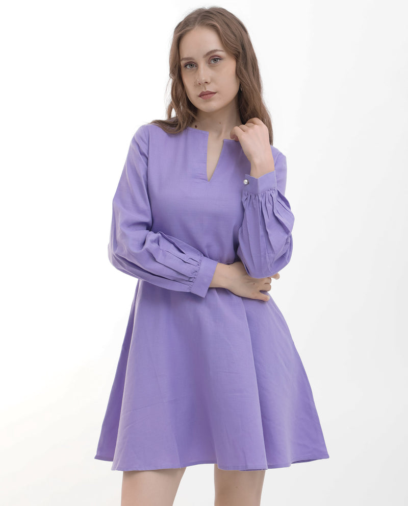 Rareism Women Choho Pastel Purple Cotton Fabric Regular Sleeves V-Neck Solid Regular Length Dress