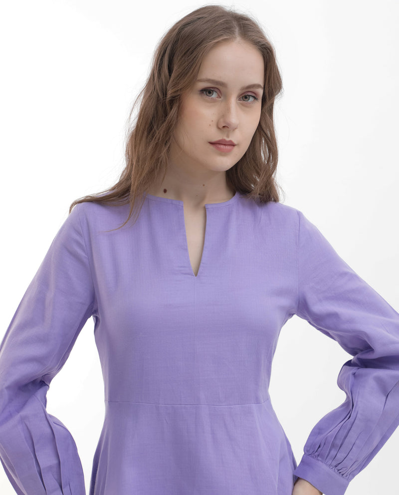 Rareism Women Choho Pastel Purple Cotton Fabric Regular Sleeves V-Neck Solid Regular Length Dress