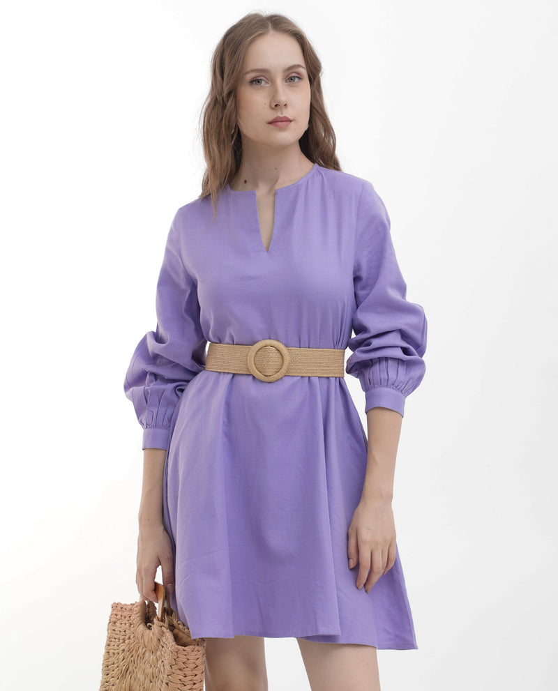 Rareism Women Choho Pastel Purple Cotton Fabric Regular Sleeves V-Neck Solid Regular Length Dress