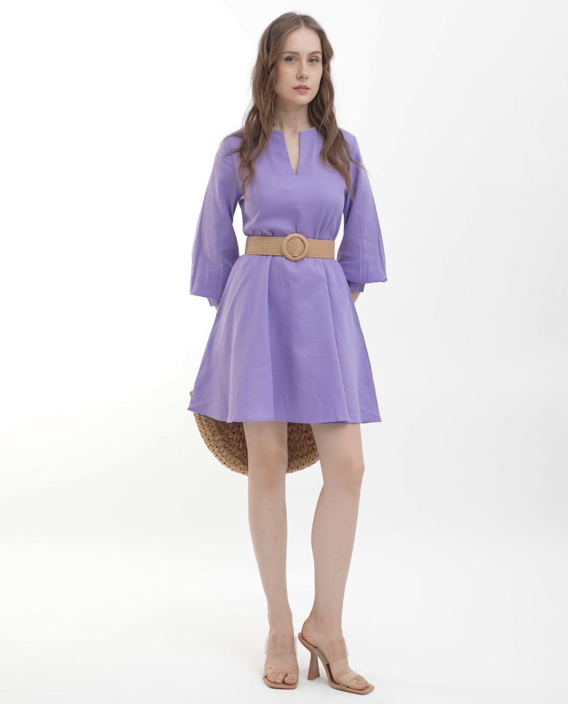 Rareism Women Choho Pastel Purple Cotton Fabric Regular Sleeves V-Neck Solid Regular Length Dress