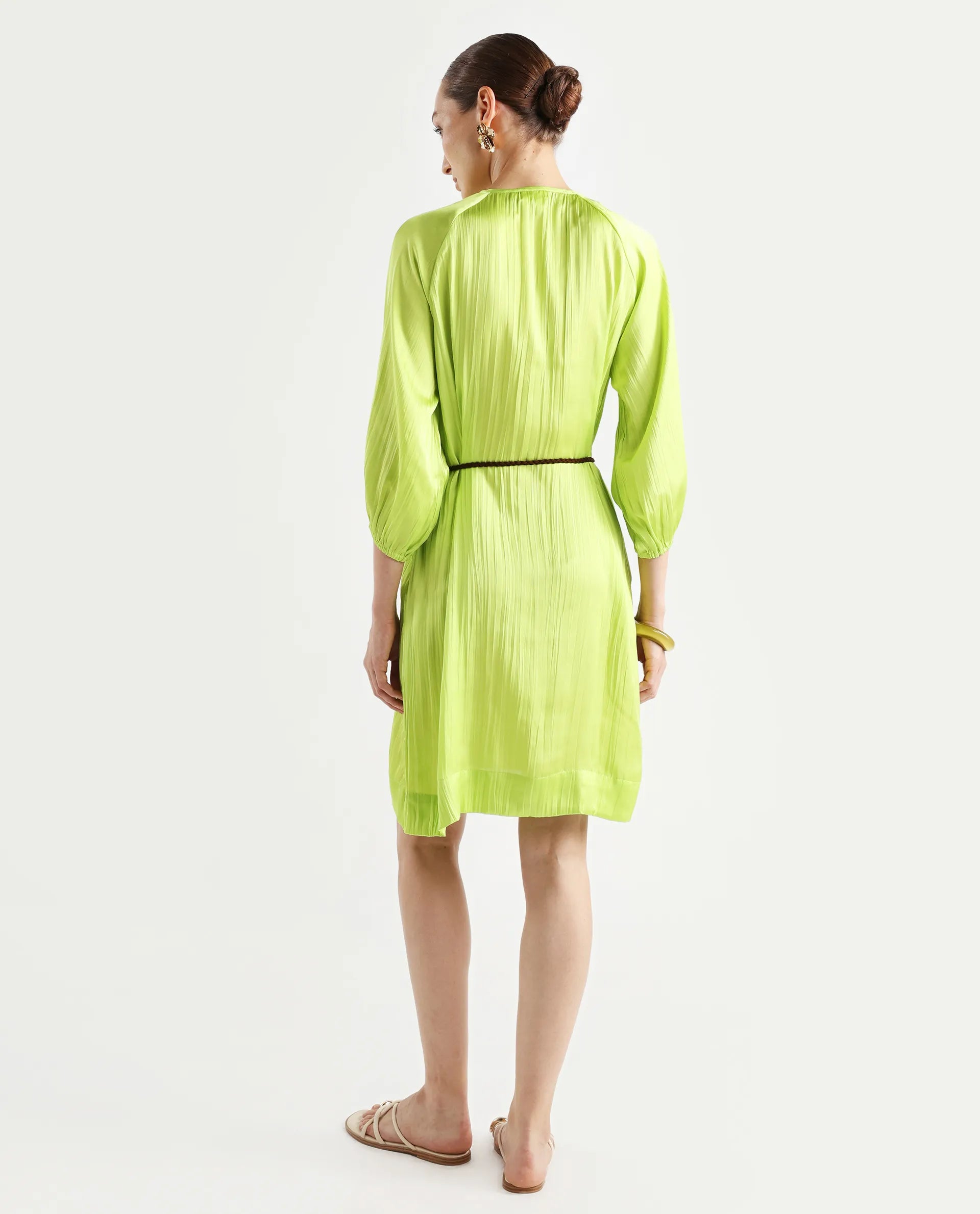 Rareism Women's Choji Light Green Polyester Tie-Up Neck Plain Raglan Sleeve Mini Relaxed Fit Dress