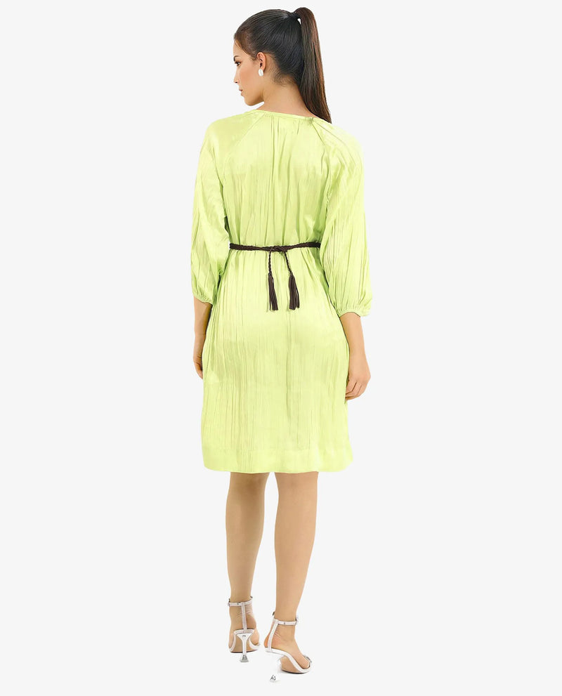 Rareism Women Choji Light Green Raglan Sleeves Tie Up Neck Tie Up Relaxed Fit Mini Plain Dress