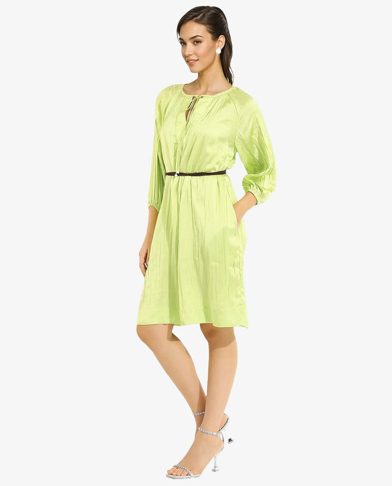 Rareism Women Choji Light Green Raglan Sleeves Tie Up Neck Tie Up Relaxed Fit Mini Plain Dress