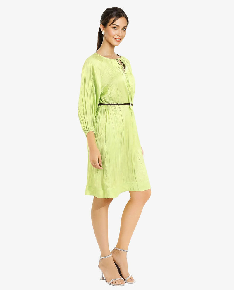 Rareism Women Choji Light Green Raglan Sleeves Tie Up Neck Tie Up Relaxed Fit Mini Plain Dress