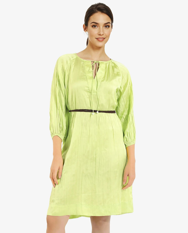 Rareism Women Choji Light Green Raglan Sleeves Tie Up Neck Tie Up Relaxed Fit Mini Plain Dress