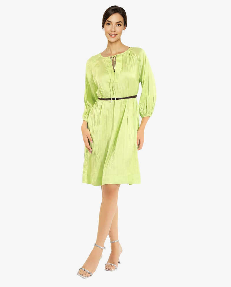 Rareism Women Choji Light Green Raglan Sleeves Tie Up Neck Tie Up Relaxed Fit Mini Plain Dress