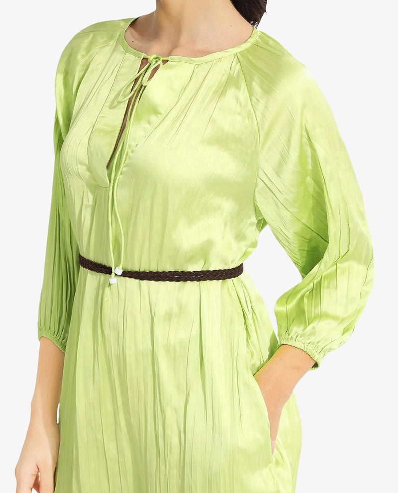 Rareism Women Choji Light Green Raglan Sleeves Tie Up Neck Tie Up Relaxed Fit Mini Plain Dress