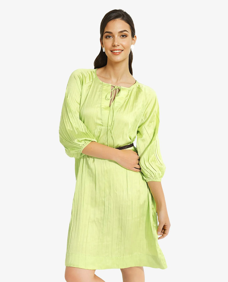 Rareism Women Choji Light Green Raglan Sleeves Tie Up Neck Tie Up Relaxed Fit Mini Plain Dress