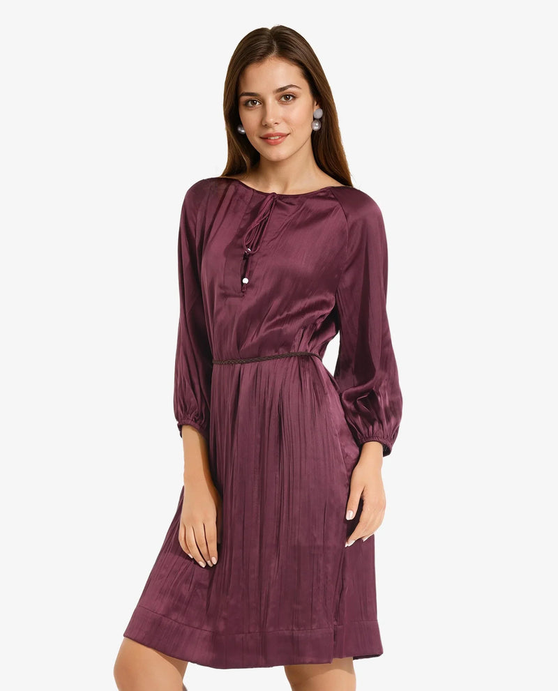 Rareism Women Choki Dark Purple Raglan Sleeves Tie-Up Neck Tie Up Closure Relaxed Fit Mini Plain Dress