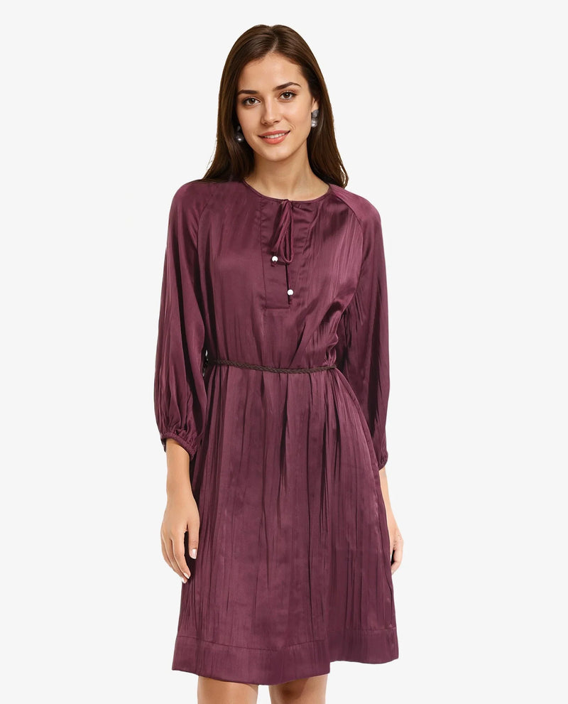 Rareism Women Choki Dark Purple Raglan Sleeves Tie-Up Neck Tie Up Closure Relaxed Fit Mini Plain Dress