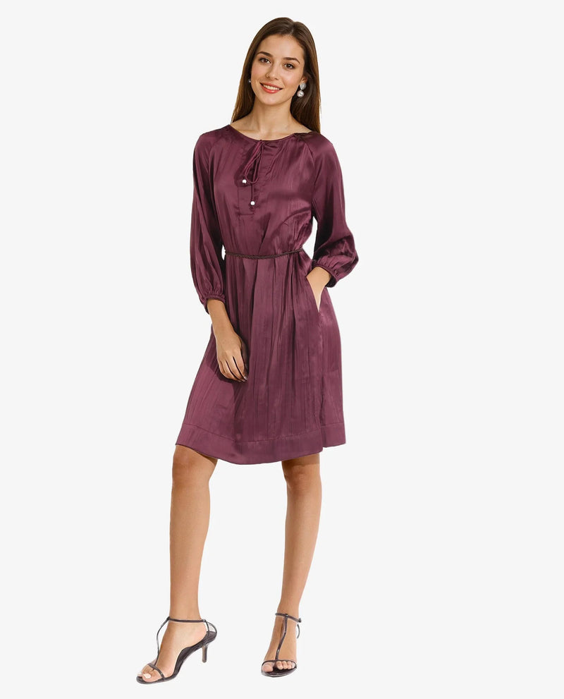 Rareism Women Choki Dark Purple Raglan Sleeves Tie-Up Neck Tie Up Closure Relaxed Fit Mini Plain Dress