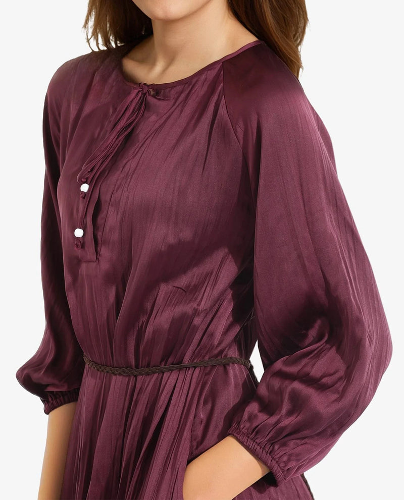 Rareism Women Choki Dark Purple Raglan Sleeves Tie-Up Neck Tie Up Closure Relaxed Fit Mini Plain Dress