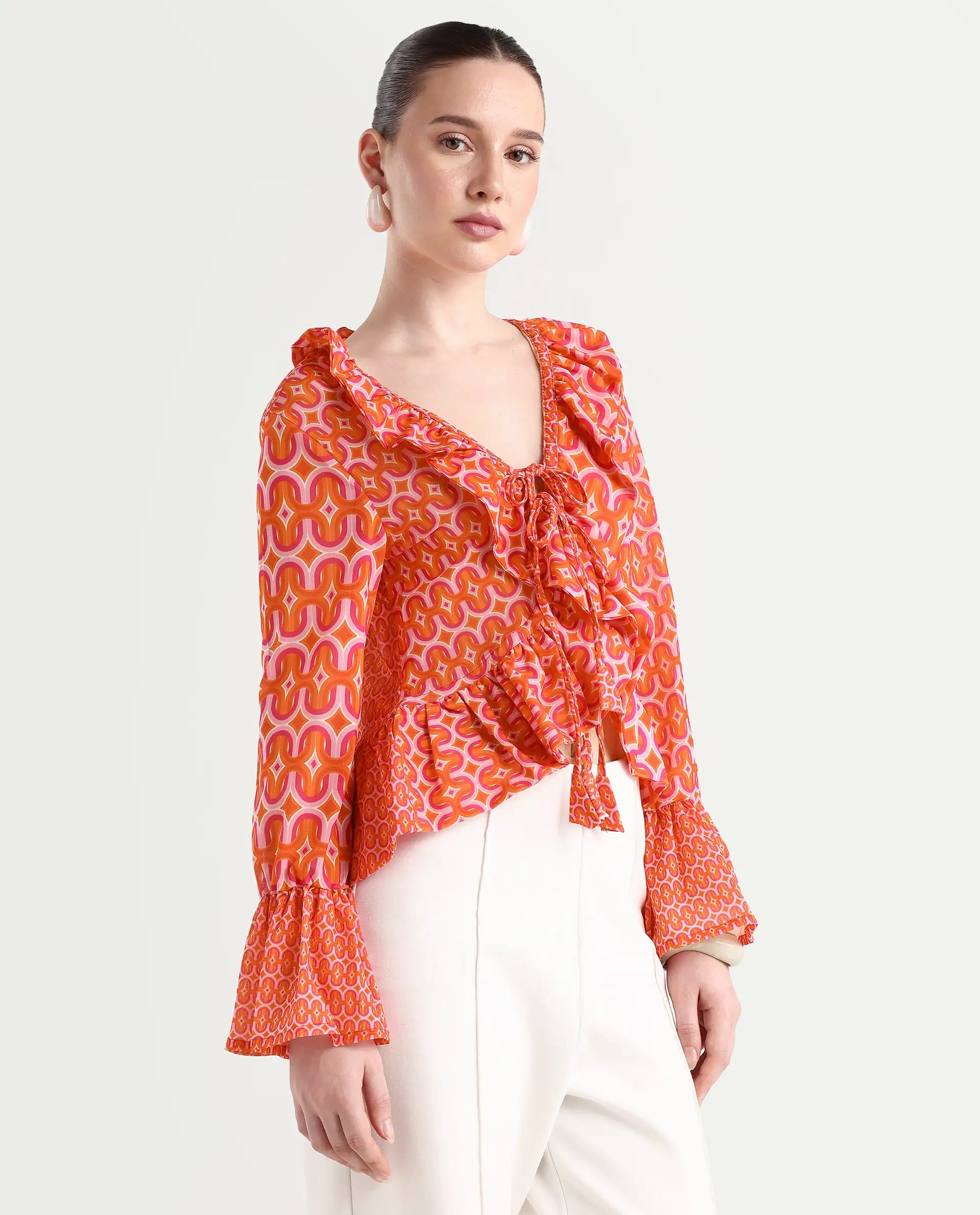 Rareism Women's Christa Multi Cotton V-Neck Geometric Print Bell Sleeve Regular Fit Shrug