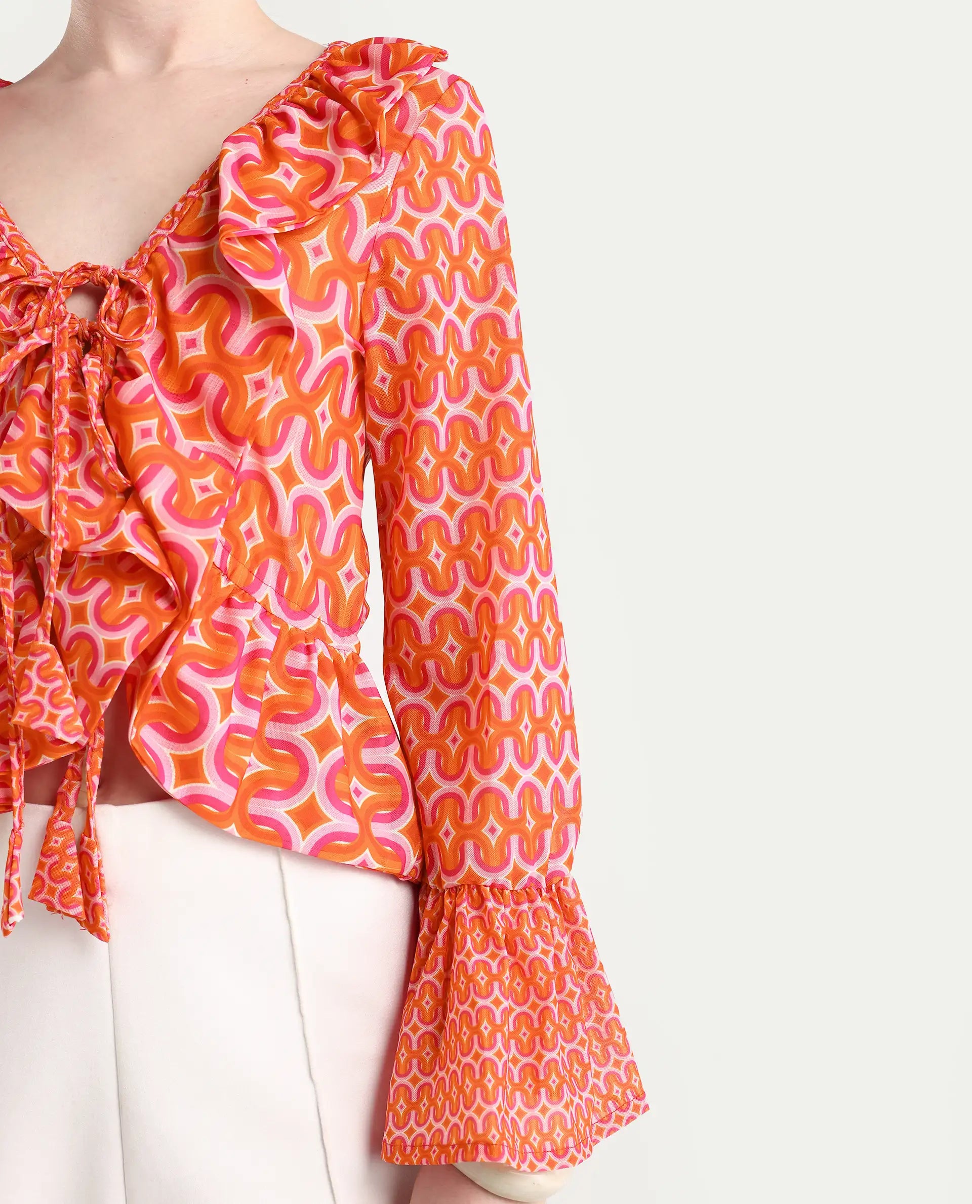 Rareism Women's Christa Multi Cotton V-Neck Geometric Print Bell Sleeve Regular Fit Shrug